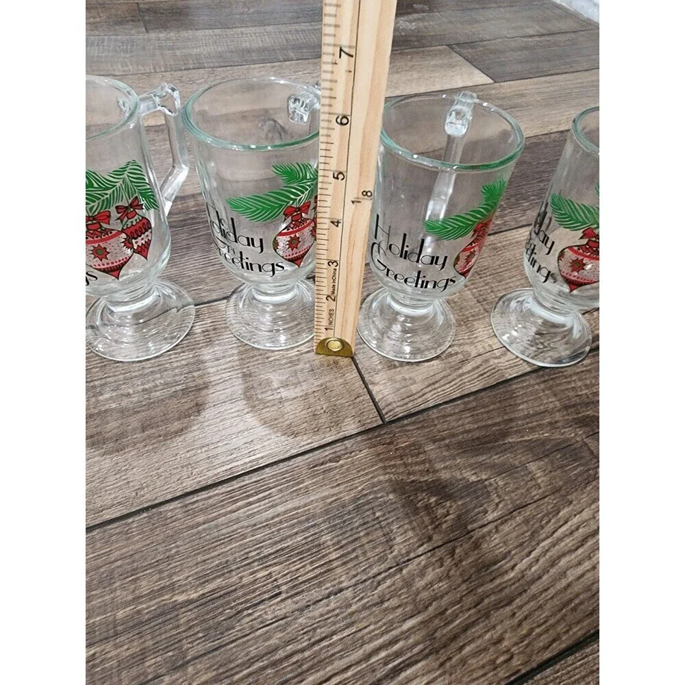 Vintage Indiana Glass Clear Christmas Holiday Greetings Pedestal Mugs Set Of 4